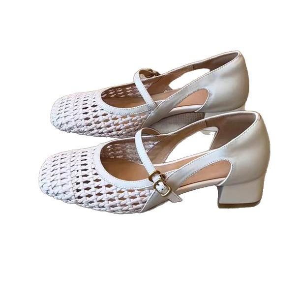 Soft leather version~ New versatile thick-heeled sandals women's woven hollow one-word with square head versatile casual fashion shoes