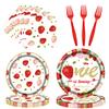 Strawberry Party Tableware Set Disposable Plates Cups Napkins Cutlery Tablecloth Set Strawberry Theme Party Supplies for Birthday Baby Shower Wedding