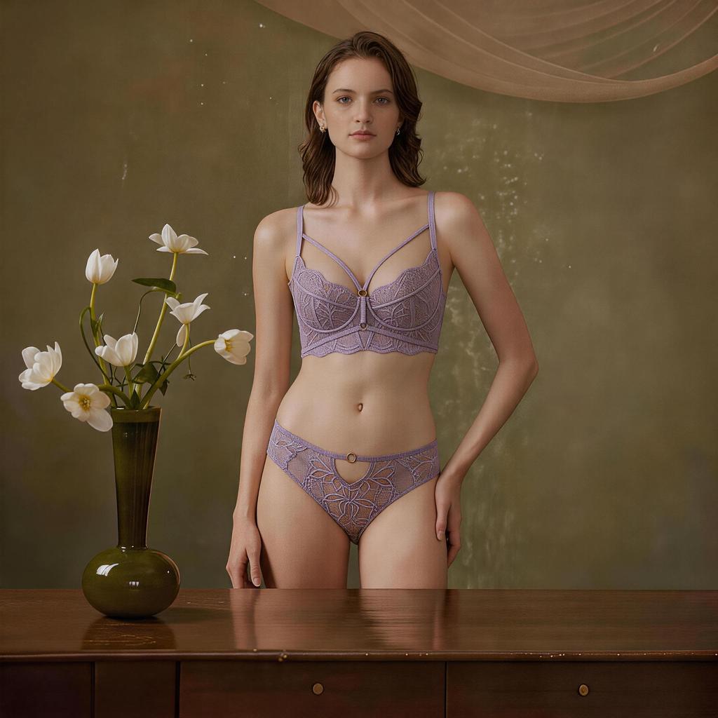 French Sexy Ultra‑Thin Lace Lingerie Set,Tie‑Up Minimizer Anti‑Sagging Bra Set for Large Bust Women