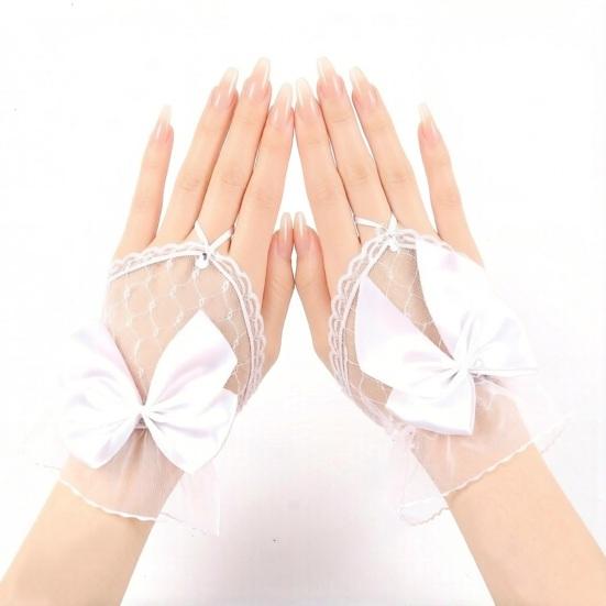 Women Lace Gloves Fingerless Mesh Gloves with Bow Embellishment for Wedding Princess Style Stage Performance Ballet Party Cosplay Bridal Accessories