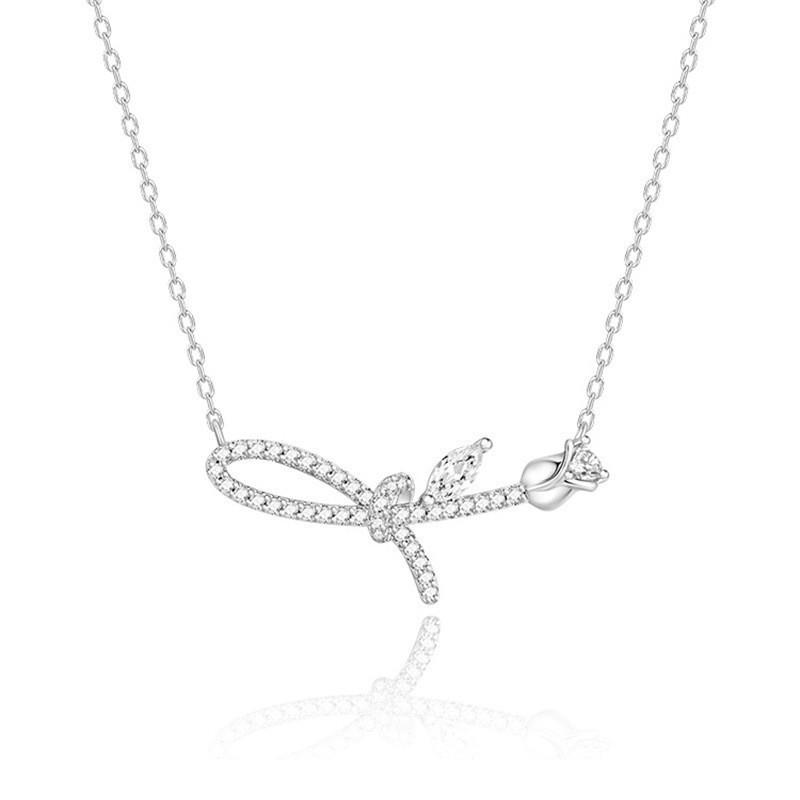 Elegant Zirconia Flower & Bow Necklace - Delicate Rose Knot Clavicle Chain for Women
