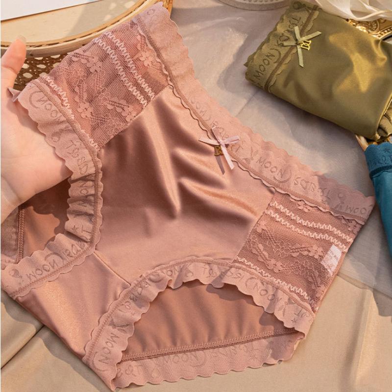 Nahtlose Damen-Slips aus Satin mit mittlerer Taille, Spitzen-Schleifenhöschen, niedliche Unterwäsche