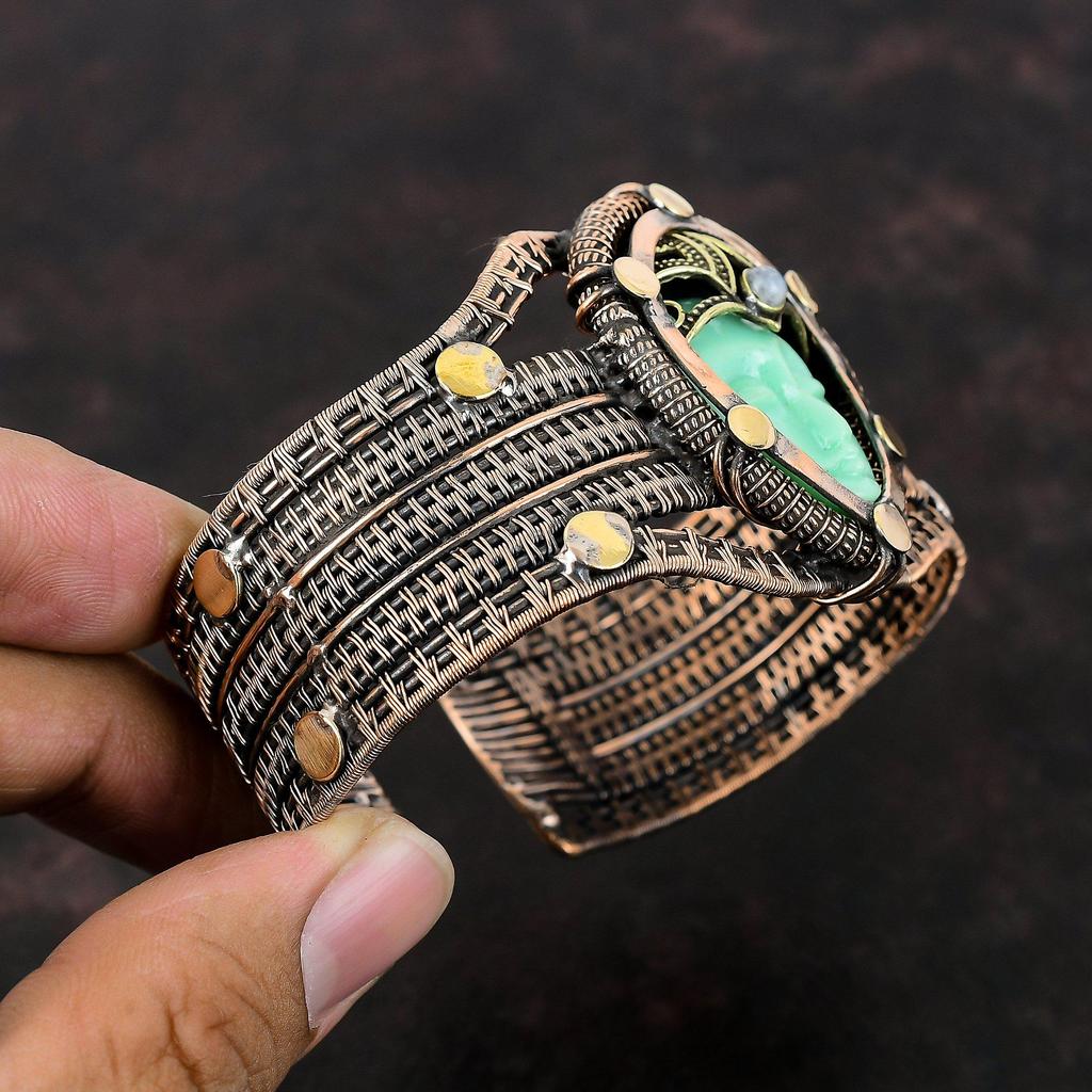 Green Carved Bone Face Gemstone Bangle Copper Wire Wrapped Cuff Bracelet Adjustable Bangle Handmade Rainbow Moonstone Bangle Copper Jewelry