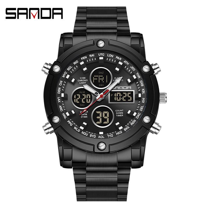 Sanda Dual Movement 5ATM Waterproof Multifunctional Steel Band Men's Watch with Alarm Clock