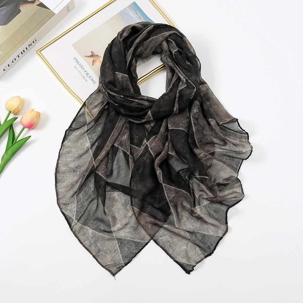 Simple Women Scarves New Geometric Print Voile Girls Scarf Retro Soft Cotton Foulard Viscose Students Female Wrap Shawls