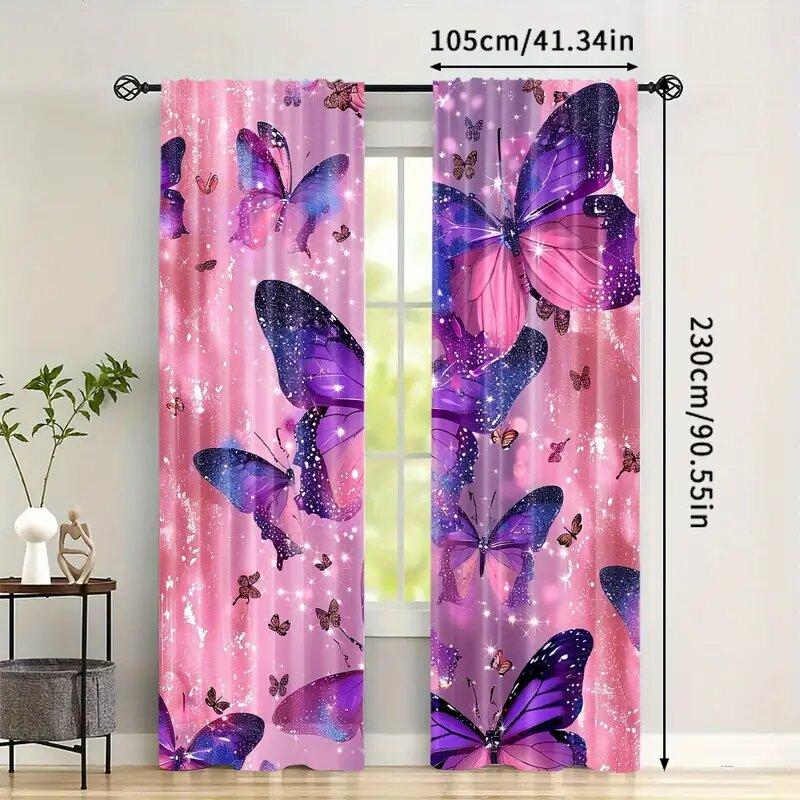 Pinkish Purple Butterfly Print Curtains Suitable Bedroom Living Room Kitchen Decoration Home Window Decor Set Of 2 Made Polyester Great