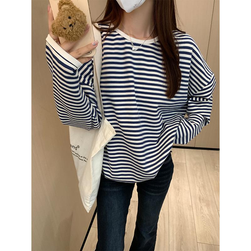 Korean Chic Striped Contrasting Round Neck Long-sleeved Sweatshirt for Women In Autumn and Winter, Lazy Style, Loose Casual Inner Wear, Beautiful Top