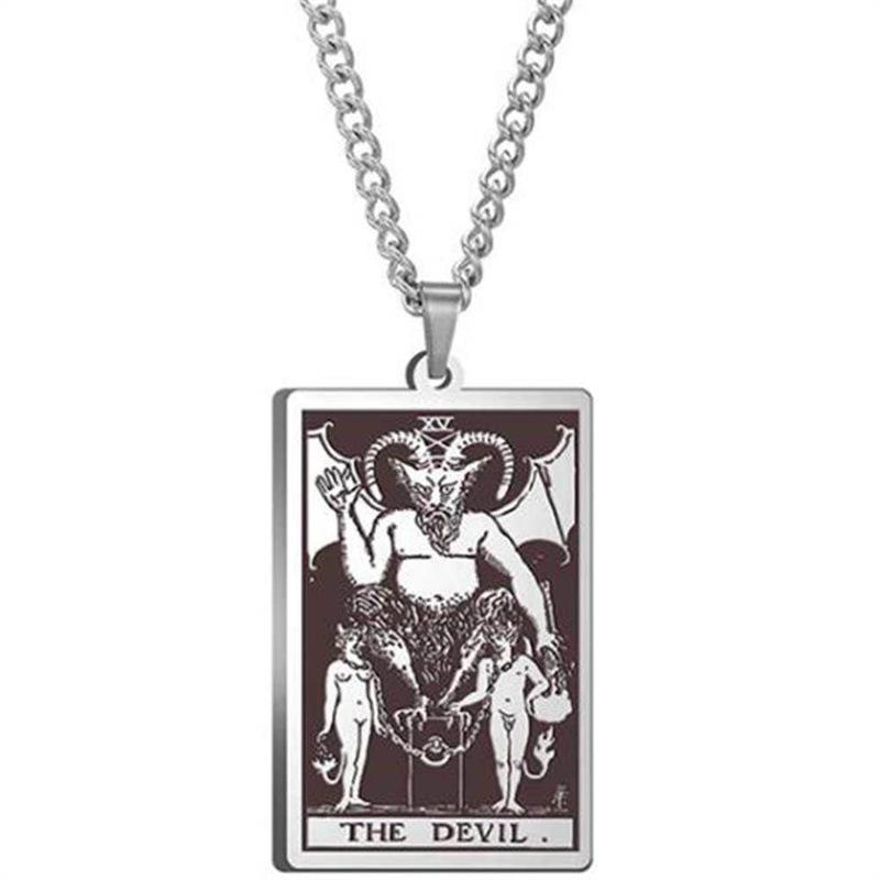 Tarot Stainless Steel Necklace Men'S Hip Hop Personality Retro Square Pendant Sweater Necklace