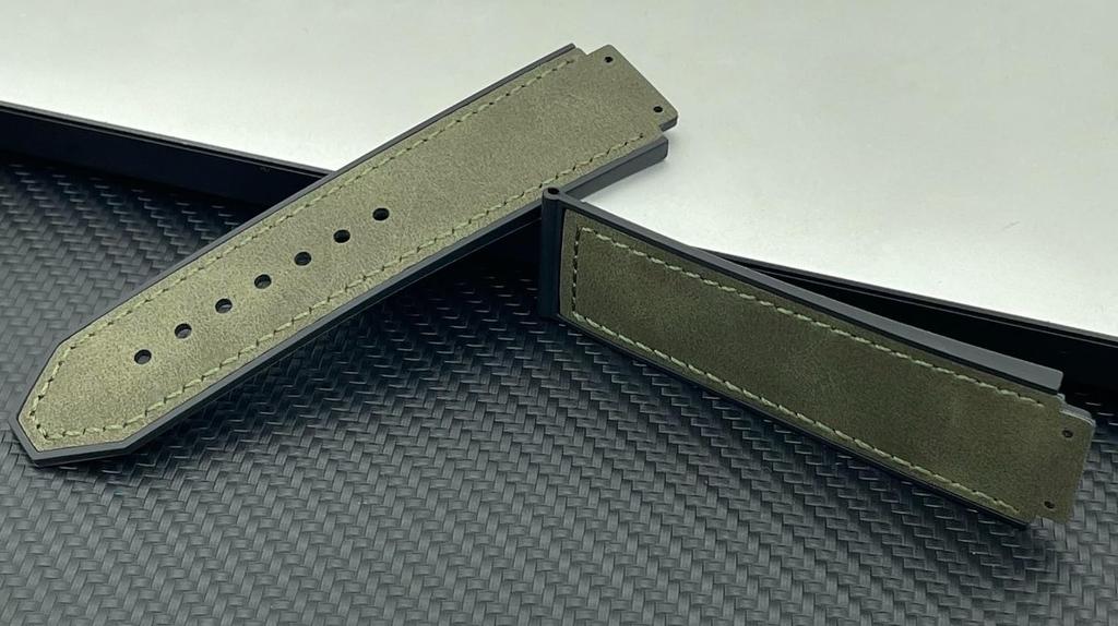 [HEZKUGU] Rubber Sole and Matte Genuine Cowhide Leather Watch Band Compatible with Hublot Watches, 25 X 19 Mm, Unisex (Green)