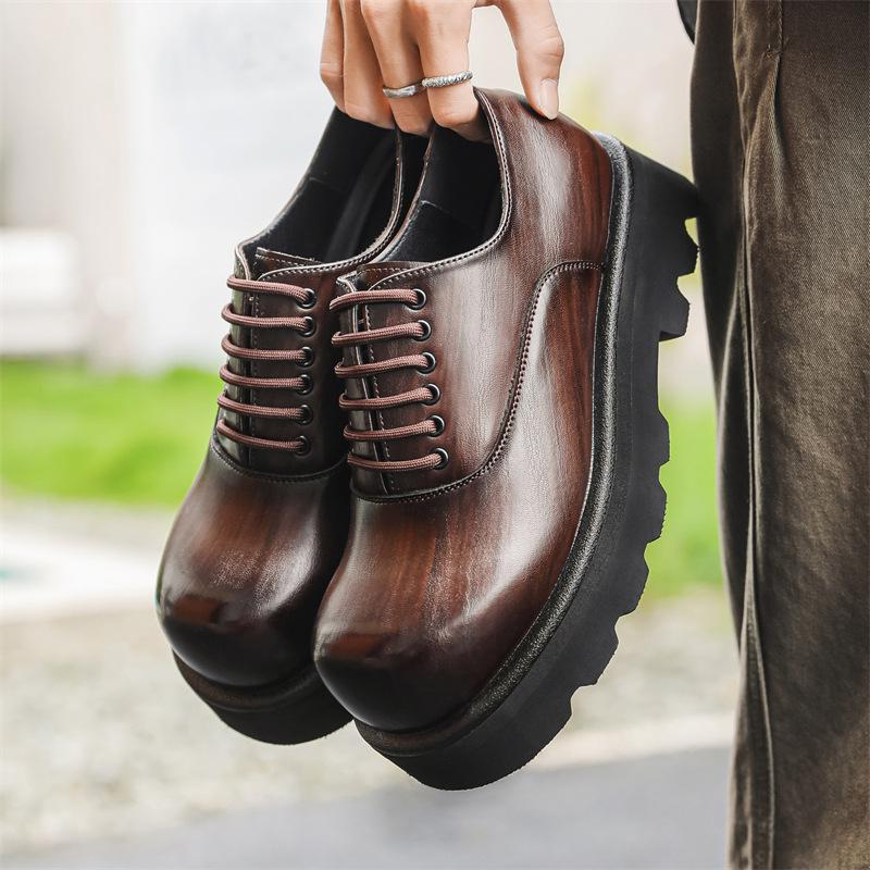 Casual Leather Shoes Men's High-end Thick-soled Korean Version Niche Design Spring and Summer Trend Breathable Heightening Derby Shoes 6123-J