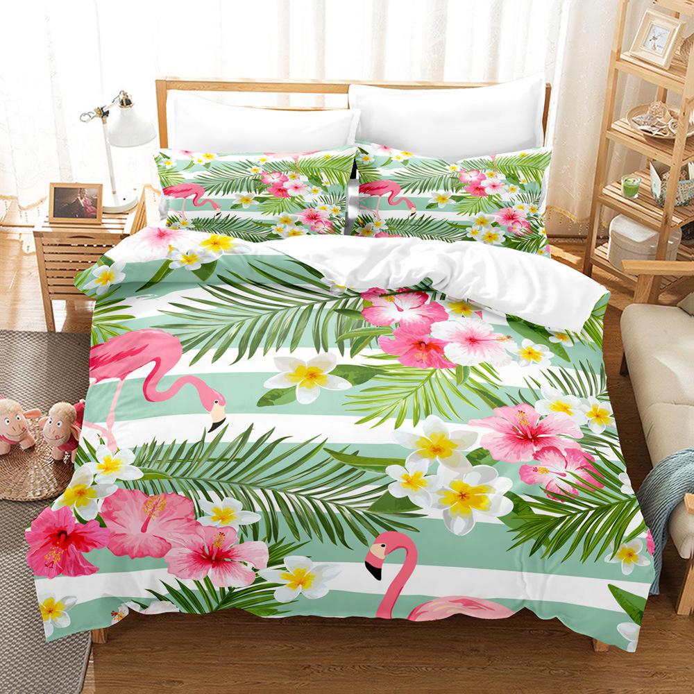 Pink Flamingo Duvet Cover Set Green Leaves Floral Animal Print Bedding Sets For Kids Girls Tropical Pattern Design Bedroom Decor