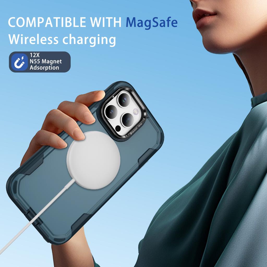 For iPhone 15 Pro Case Compatible with MagSafe Lens Frame Kickstand TPU+PC Shockproof Phone Cover