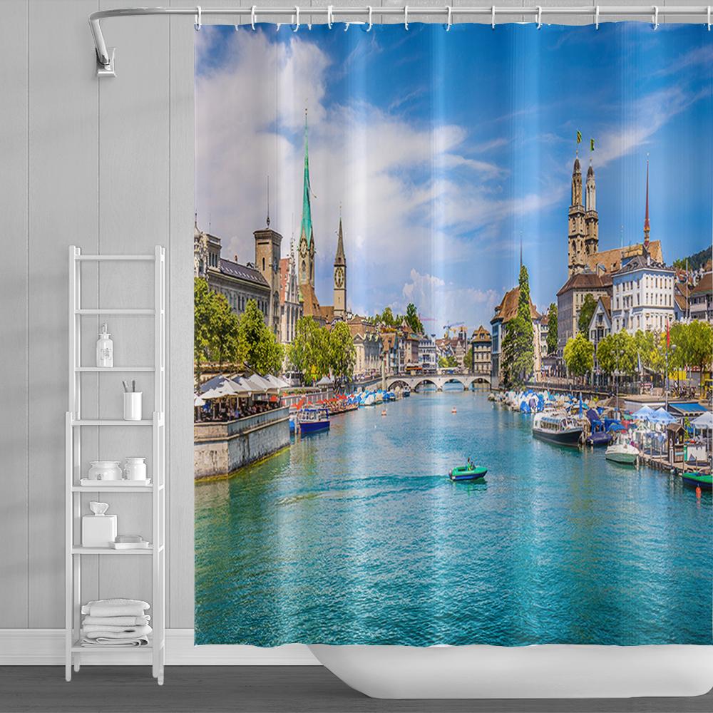 Natural Scenery Shower Curtains Seaside Mountain Landscape Bathroom Waterproof Polyester Bath Curtain Home Decoration With Hooks