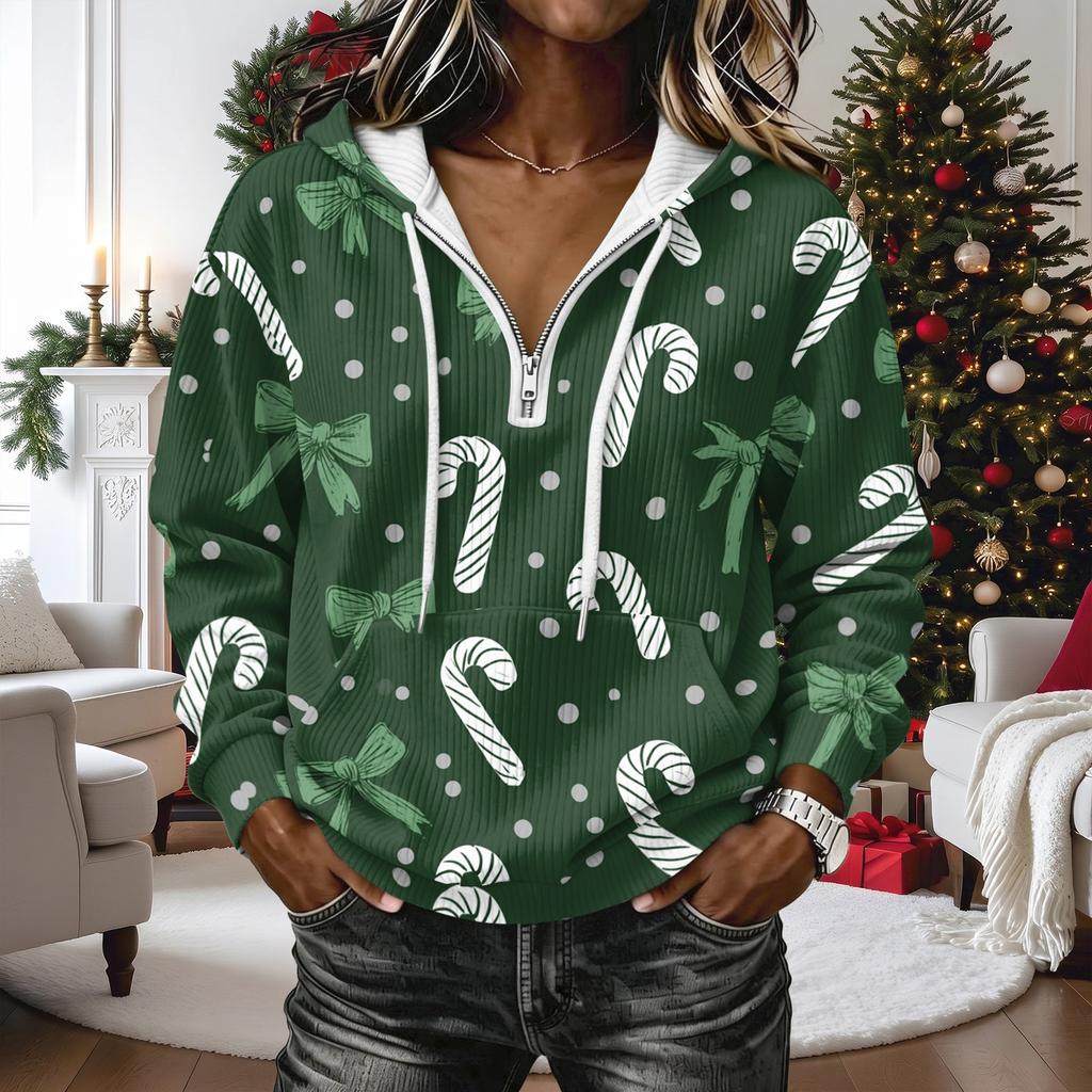 Women's Long Sleeve Christmas Print Pullover Hoodie with