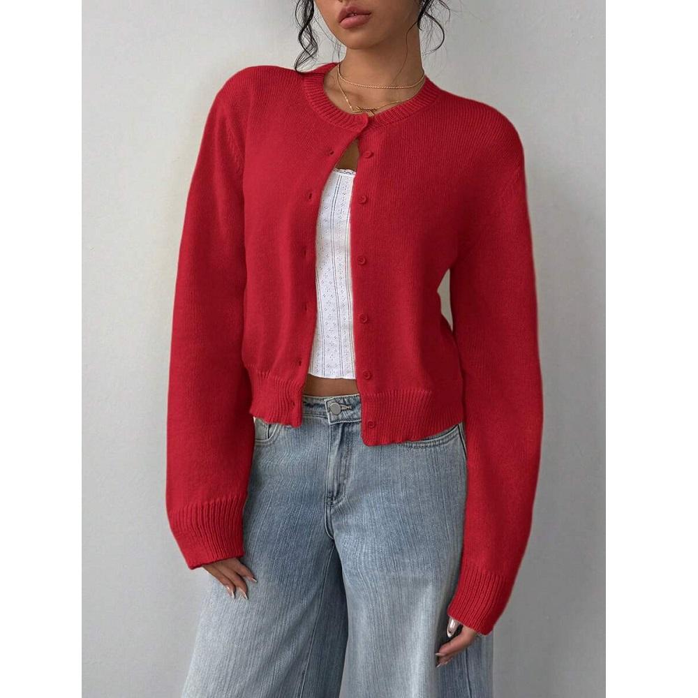 VAYLA Basics Ležérní jednobarevný kulatý výstřih dlouhý rukáv volný zkrácený dámský svetr kardigan