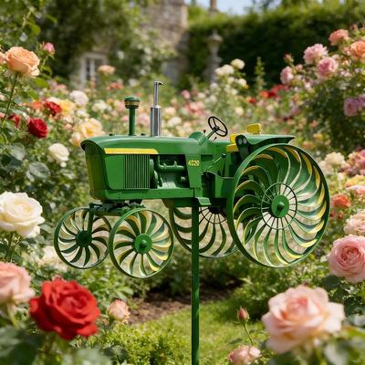 Girella da Giardino, Mulino a Vento Trattore Verde con Ruote Rotanti per Patio Cortile Giardino, Ornamenti Sculture da Esterno Unici