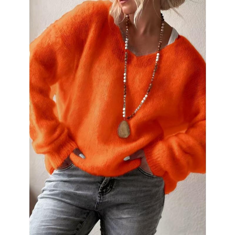 

Женский повседневный вязаный модный топ с V-образным вырезом, свободный, с длинным рукавом, свитер-пуловер, однотонный, простой, тонкая одежда, осень/зима 2025 2XL оранжевый