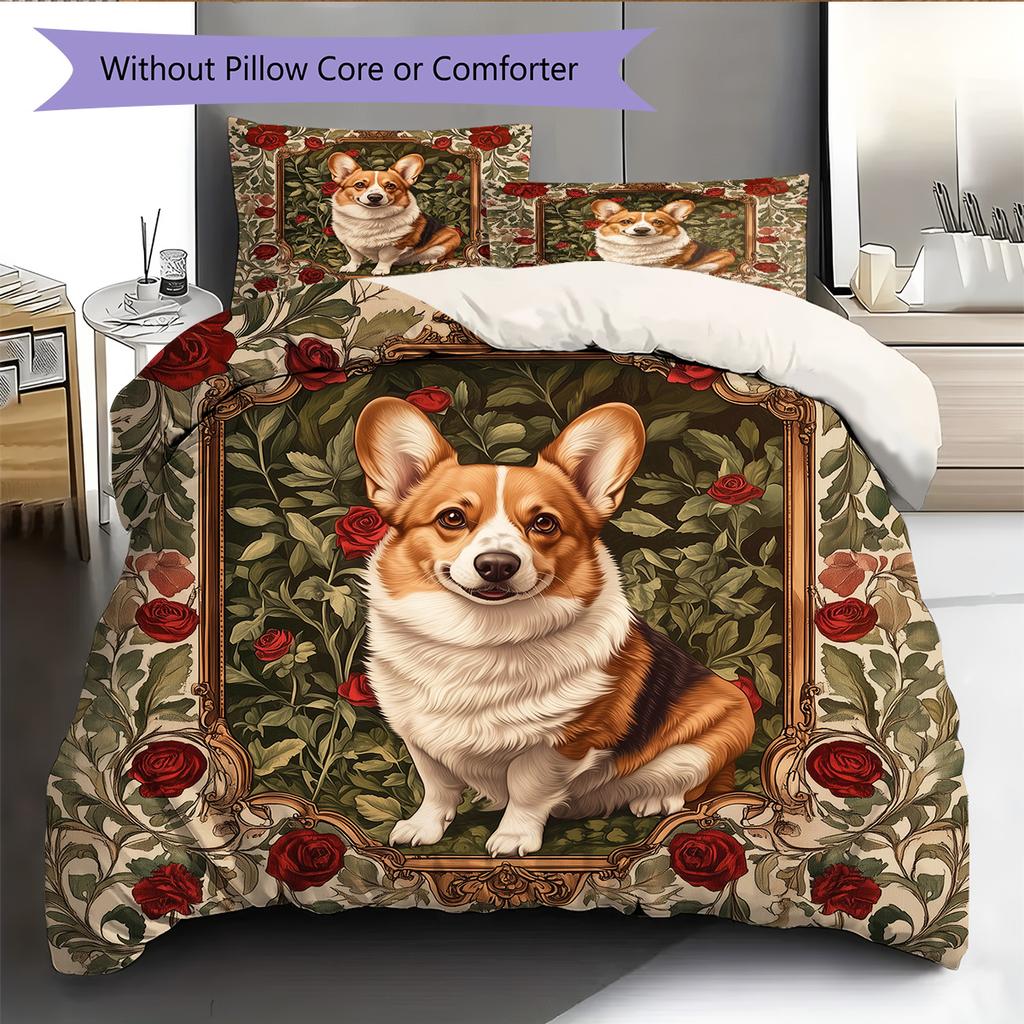 Cats and Dogs with Roses  Pattern Bedding Quilt Set  Home Decoration  Gift (1 * duvet cover + 2 * pillowcase, without core)