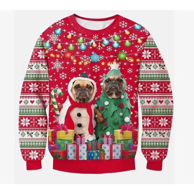 Christmas Pattern Cute Cat Dog Surroundings Autumn Winter Long Sleeved Fashionable Casual Loose Women's Pullover