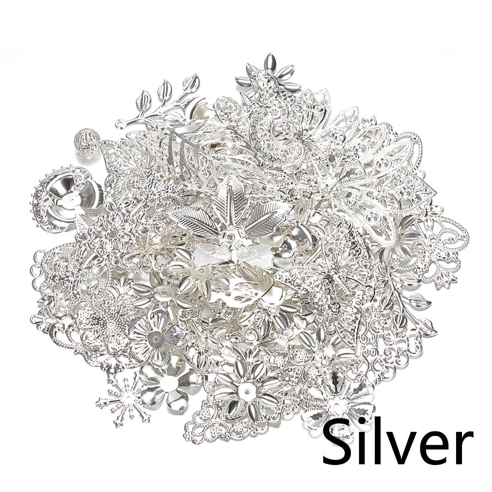 

50g 100g Mixed Flower Filigree Wraps Beads Caps Petal Charms Metal Iron Gift Decoration DIY Gold Silver Rhodium Wholesale Weight 50g срібний
