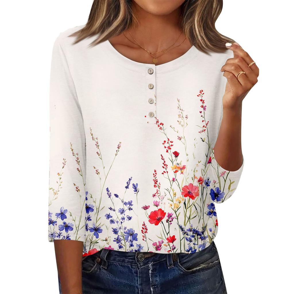 3/4 Sleeve Shirts For Women Button Down Shirt Top For Women Half Button Down Print Graphic Blouse
