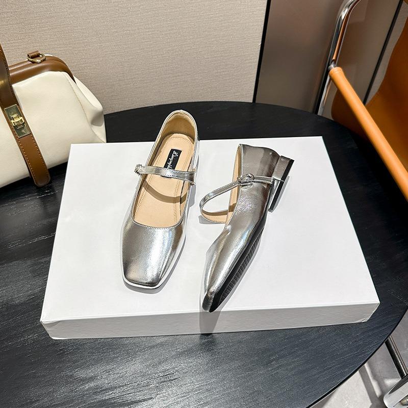 Flat Bottom Square Head Small Silver Shoes Silver Mary Jane Low Heel Versatile Single Shoes Women's Gentle Sequins