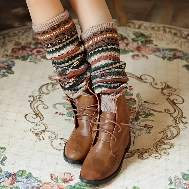 

Женские носки-ботфорты, Акрил 100%, Толстые теплые гетры, Вышивка с племенным узором, Вязаное полотно, Машинная стирка One Size