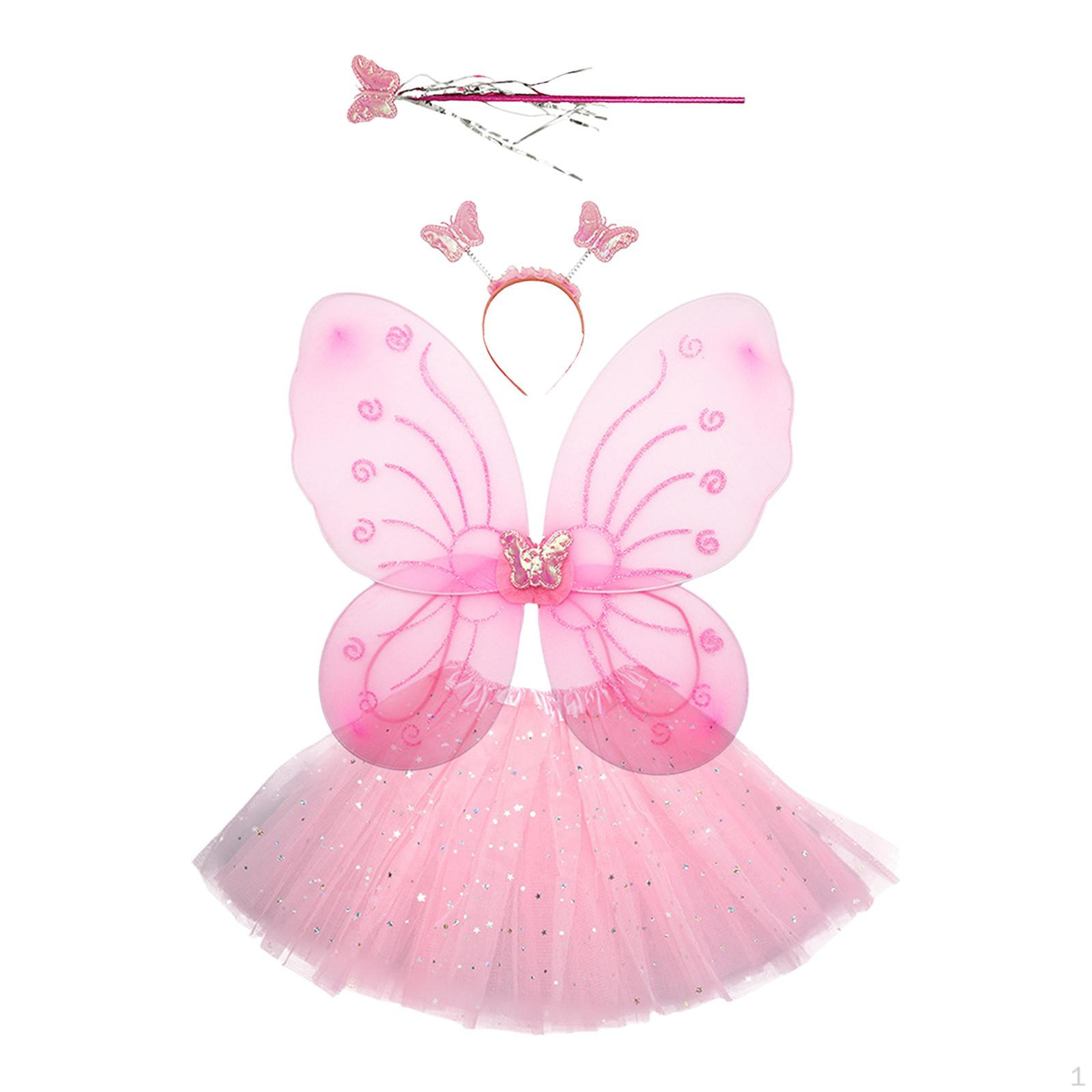Fairy Costume for Girls 4Pcs/Set Staff Outfit Skirt Princess Butterfly Wing Photo Prop розовый