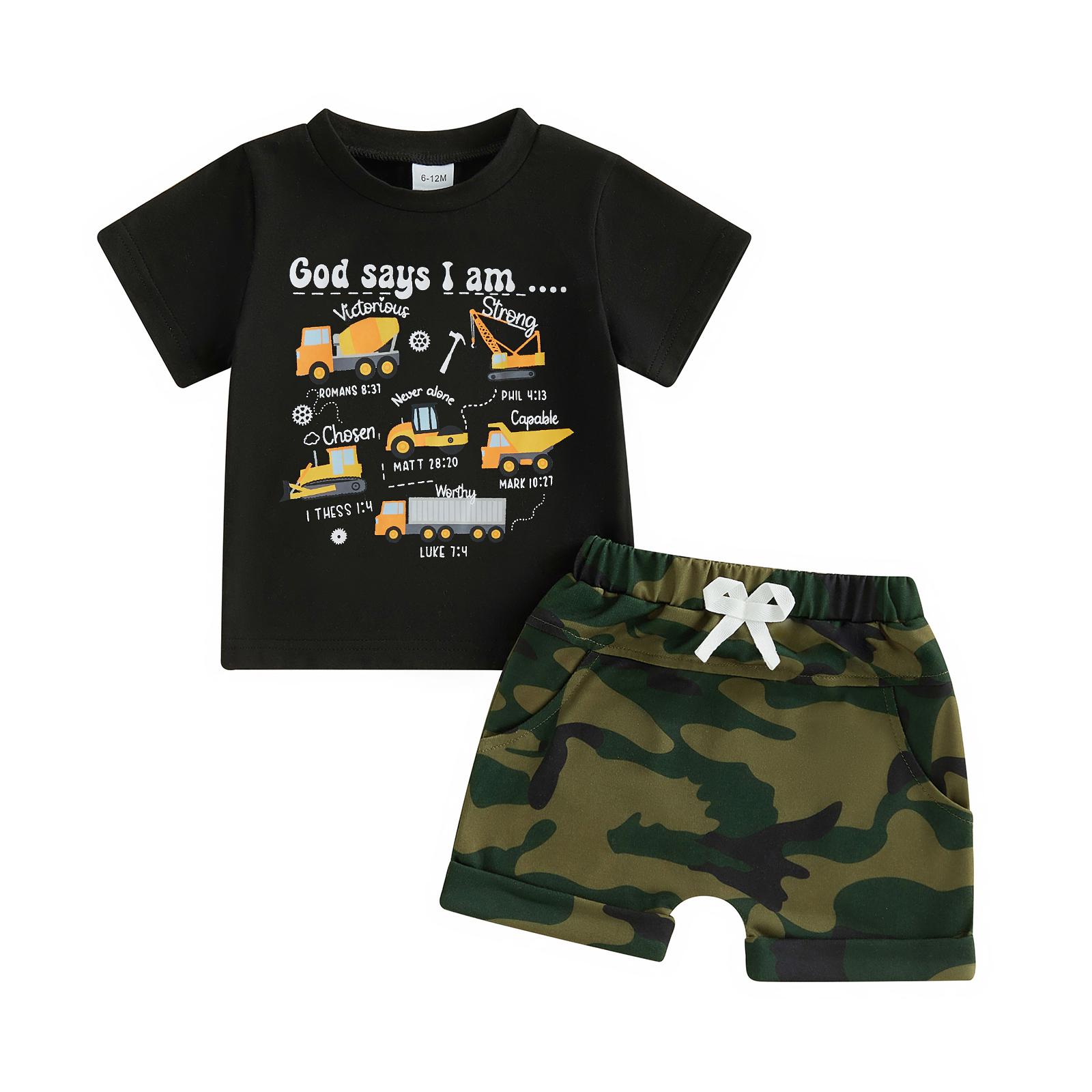 

Toddler Boys Summer Outfits Letter Vehicles Print Short Sleeve T-Shirts Elastic Waist Camouflage Shorts 2Pcs Clothes Set 4-5Y чорний