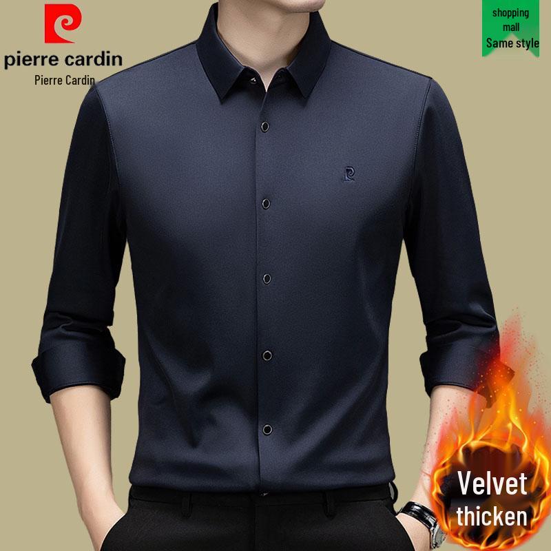 Pierre Cardin Men's Long Sleeve Mulberry Silk Shirt - Iron-Free, Plus Velvet, High-End Business Casual for Autumn/Winter