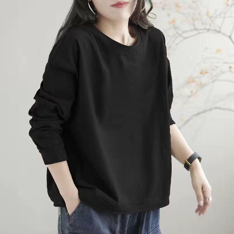 

Export Big Sale Export Cut Label Pure Cotton Fashion Long Sleeve Sweatshirt Autumn Casual Tops Loose Easiest for Match Bottoming Shirt for Women Black (Solid Color) M (Recommended Within 57.5kg