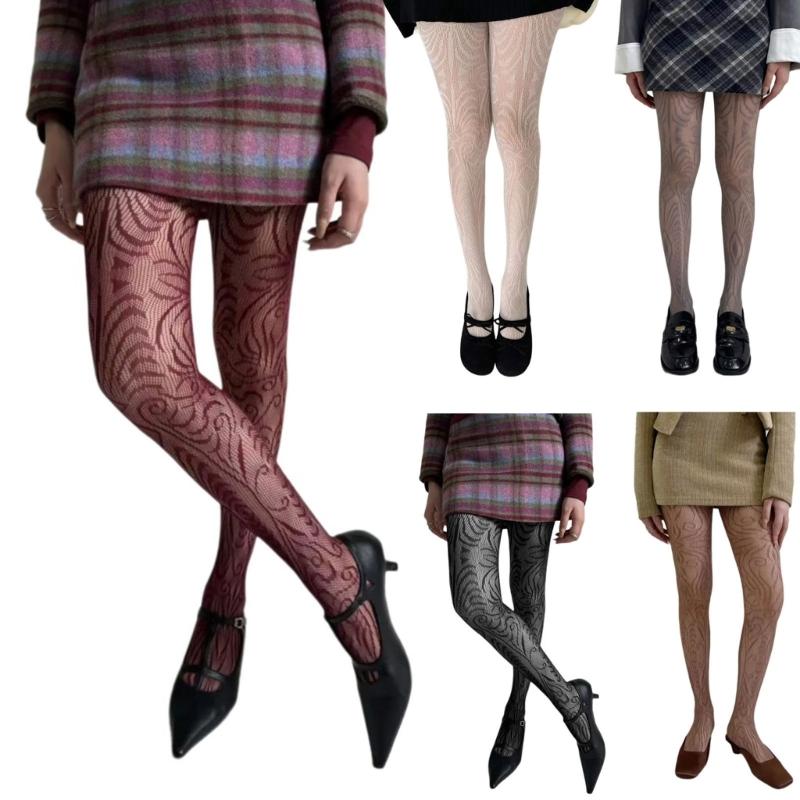 Women Vintage Hollowed Out Fishnet Pantyhose Stockings Japanese Aesthetic Exotic Patterned Sheer Mesh Tights Leggings