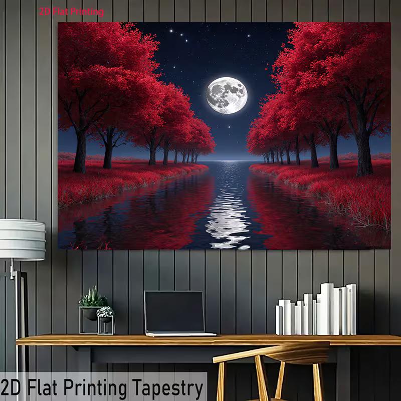 2D Full Moon Red Tree Backdrop 2D Night River Water Reflection Photo Background for Themed Shoot