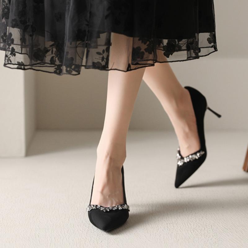 Women's Thin Heel Shoes Autumn New Pointed Head Shallow Mouth Crystal Anti-slip Wear-resistant Slip-on High Heels