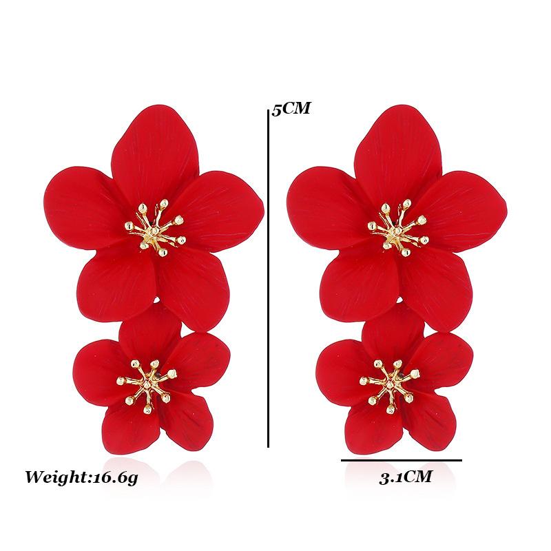 Double Flower Earrings Trendy Pink Flowers Studs Earrings For Women Wedding Party Jewelry Boho Metal Earrings Female