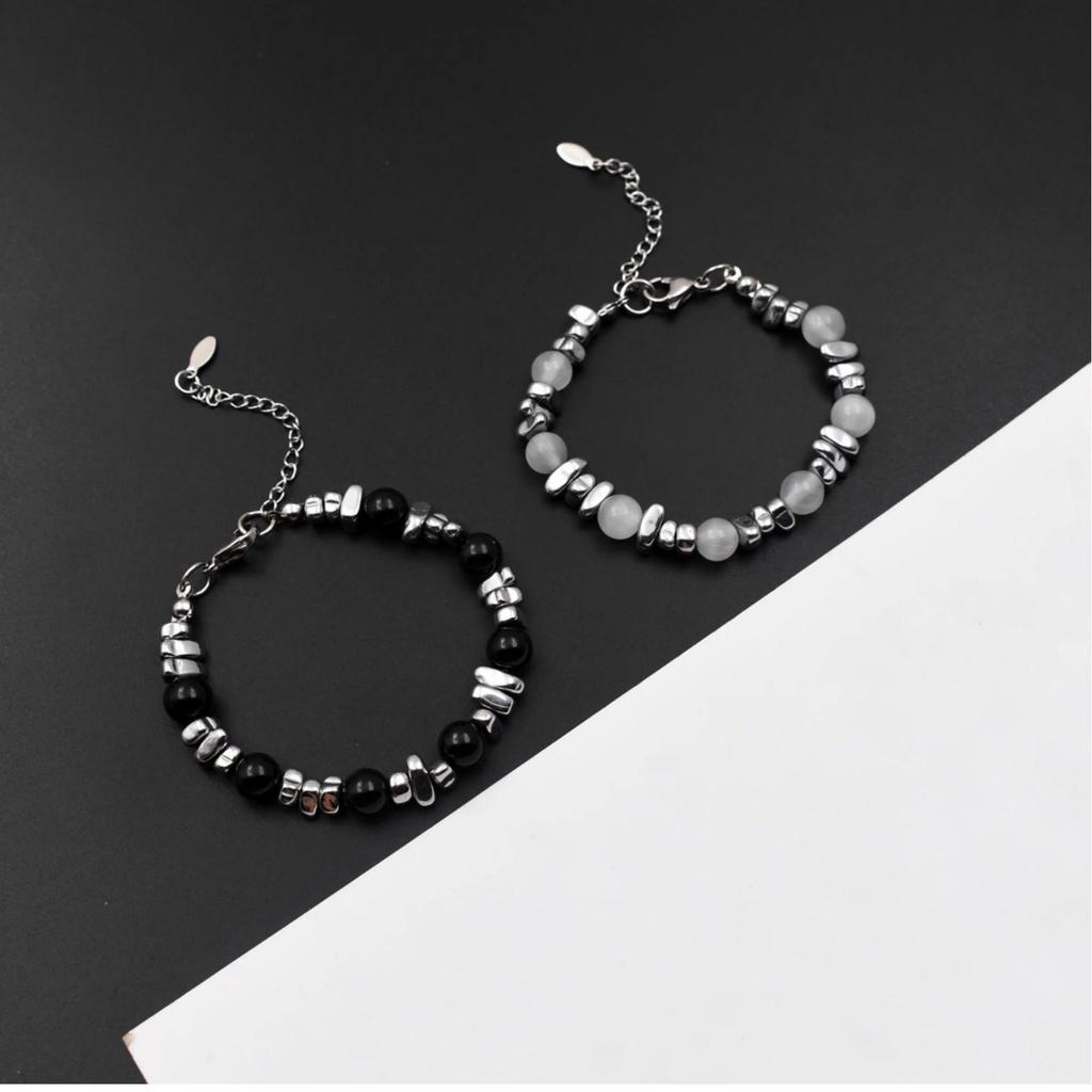 Unisex Silber Perlen Patchwork Katzenauge Armband: Trendiges Design für Männer und Frauen