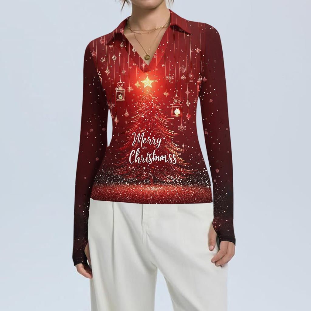 Damenmode Lässig Weihnachts-Print V-Ausschnitt Langarm Knopfleiste Oberteil