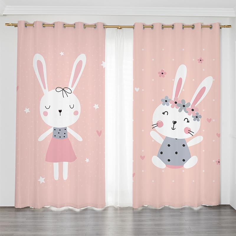 

Pink Cute Animated Rabbit Monkey Digitally Printed Print Curtain for Boys Girls Children s Bed Chamber Living Area Room Window Floor-to-ceiling 2x50W100H(CM)&hook