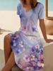 Women's Floral Print V-Neck Short Sleeve Dress,Black Background with Multicolor Flowers,Casual Beach Dress