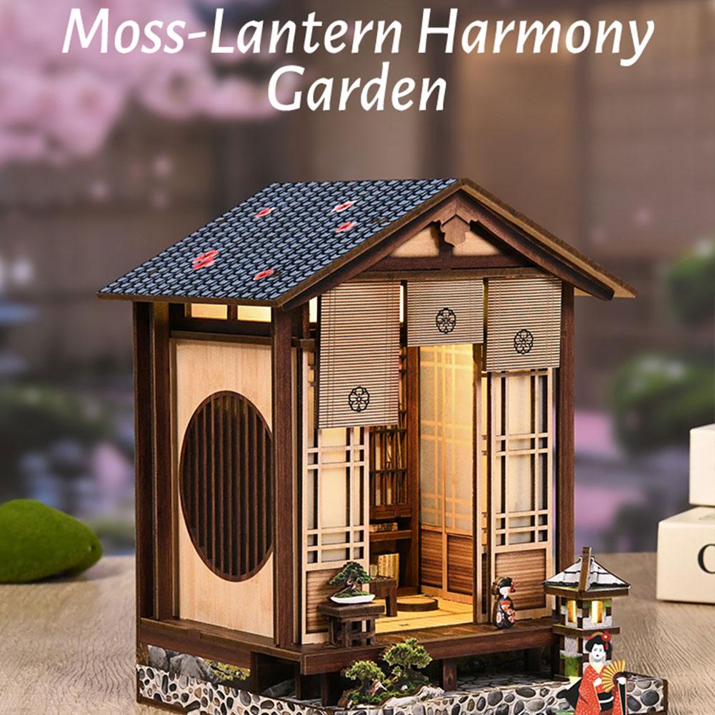 Japanese-Style Courtyard Miniature House DIY Wooden Dollhouse Hand-Craft Roombox Wooden Building Blocks as Gift & Decor