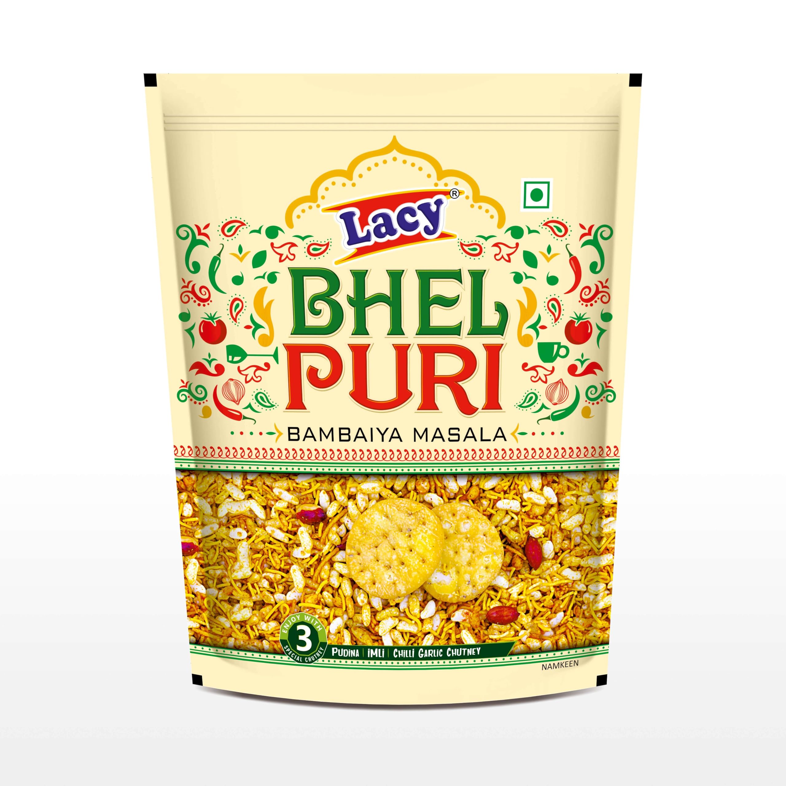 Lacy Instant and Delicious Bhelpuri, 300g Ready to Eat Bhelpuri Pack with 3 Chutneys (Mint, Tamarind and Garlic), Chaat Lover s Pick | Mumb