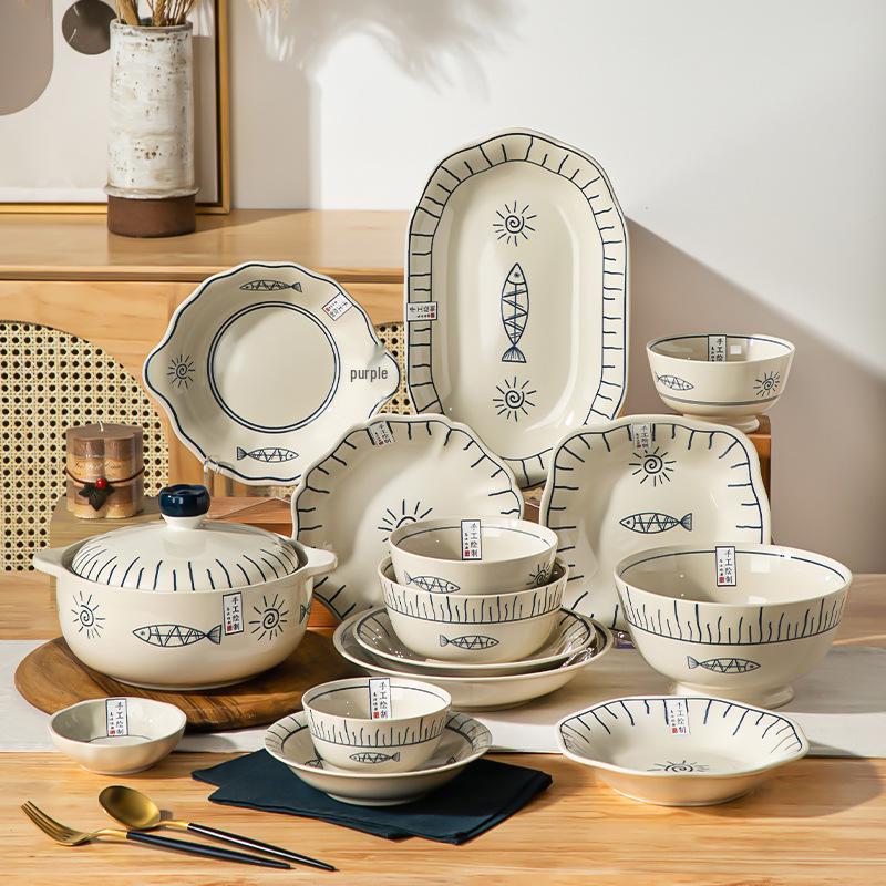 Japanese Ceramic Dinnerware Set: Includes Round & Square Plates, Fish & Steaming Plates, Side Dish Plates, and Bowls.