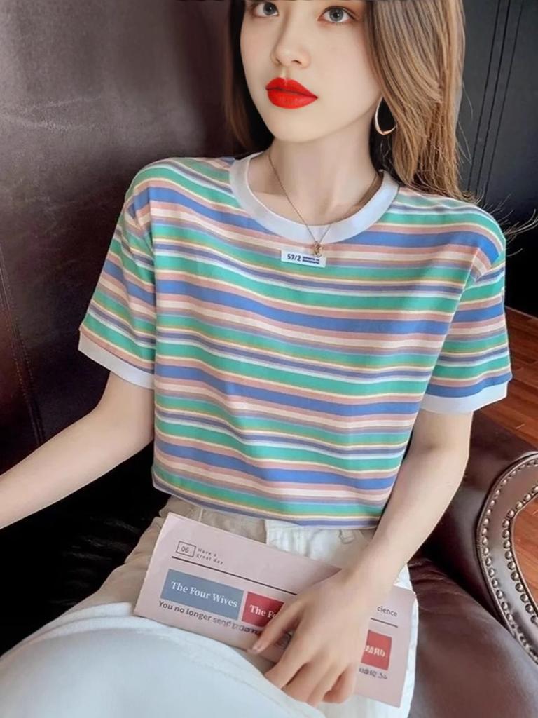 Style Vintage Feeling! Rainbow Color Block Striped T-Shirt Loose Short Sleeve Top for Women Trendy