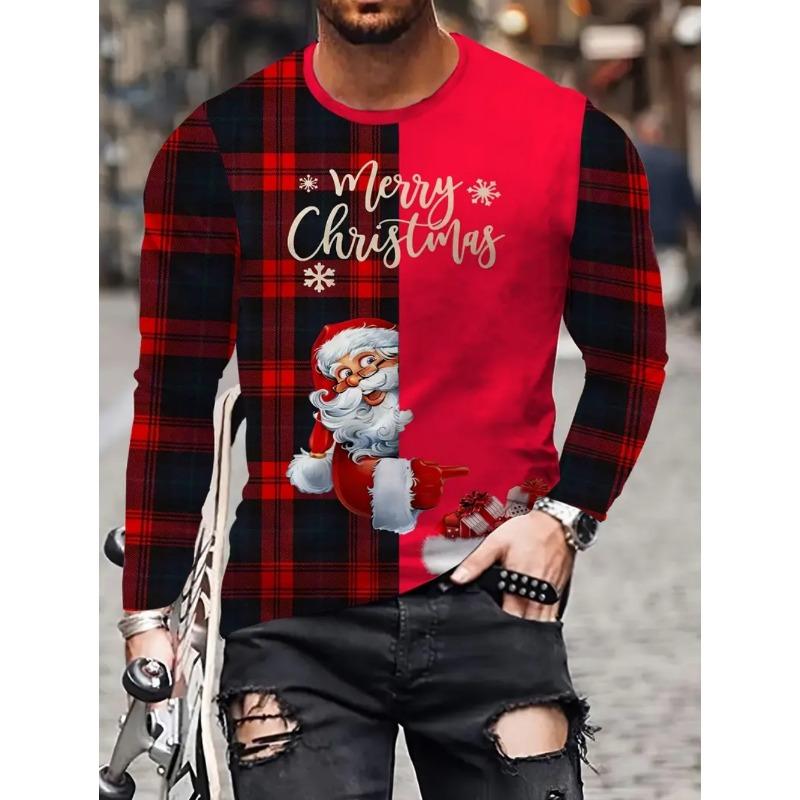 Men's T-Shirt Santa Claus 3D Print Christmas Men's Long Sleeve T-Shirts Casual Pullover Top Holiday Comfortable Men's Clothing