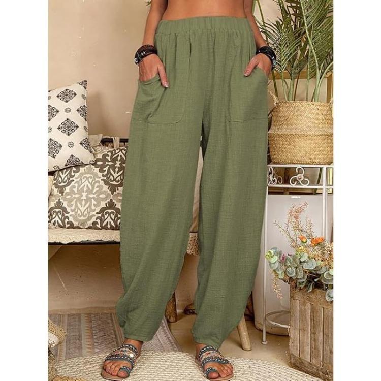 Summer Casual Women's Cotton Linen Elastic Waist Wide Leg Retro Harem Pants Large Size Home Pants