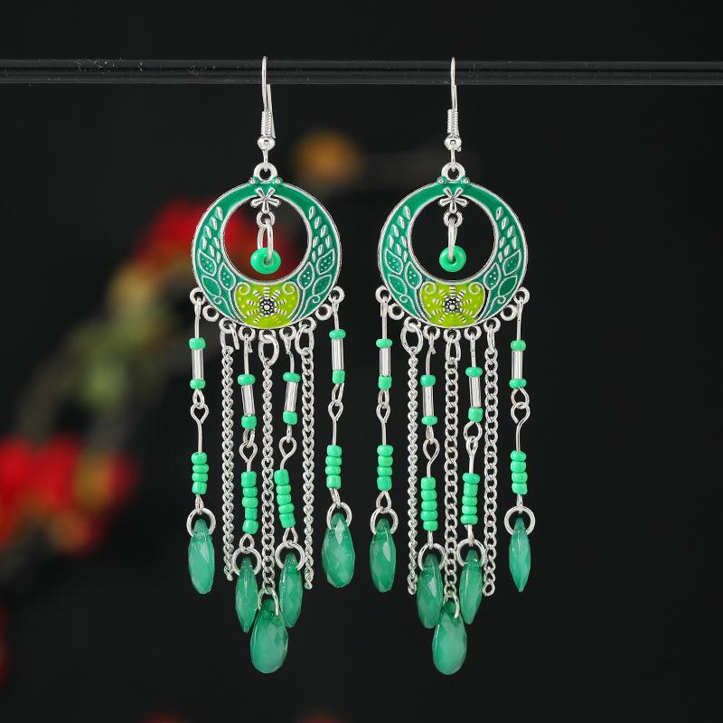 Bohemian long fringed earrings retro medium enamel color beaded niche design earrings women