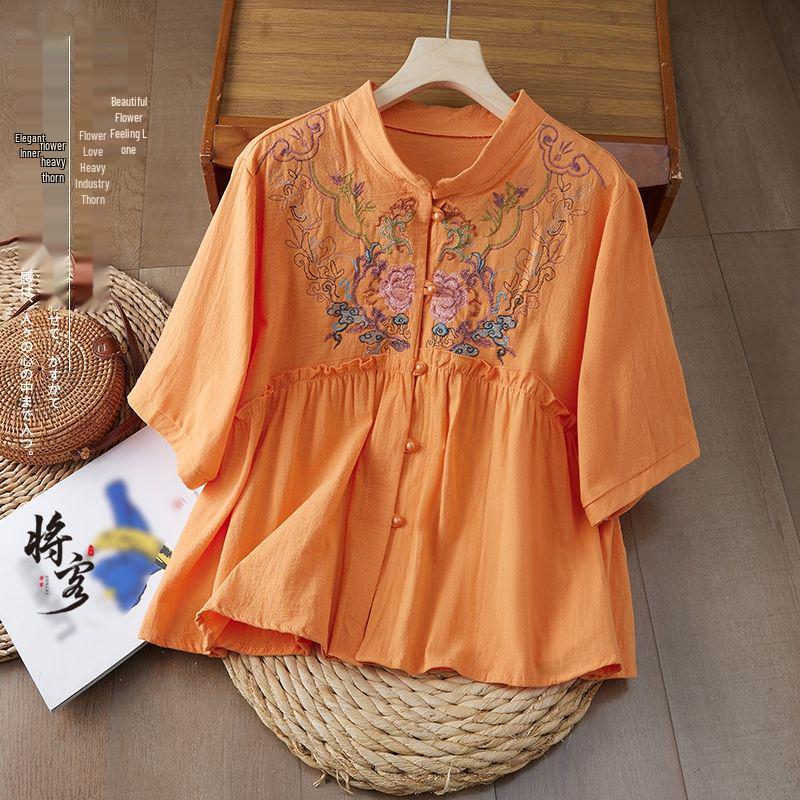 

Ретро рубашка из хлопка и льна с вышивкой 2026 - Свободный крой с пуговицами-лягушками 3XL 145-160 jin оранжевый