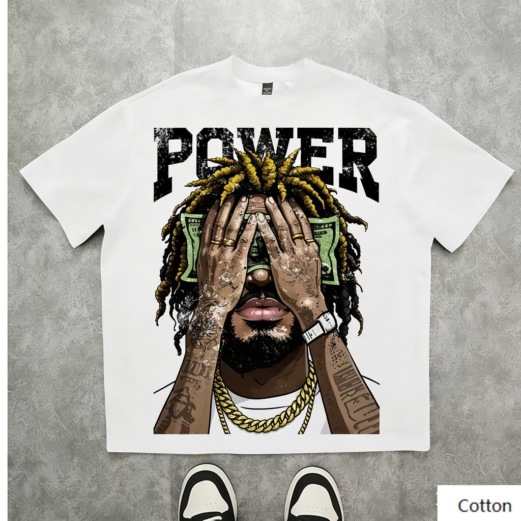 Vintage Hip Hop Power Graphic T Shirt, Cotton Crew Neck Short Sleeve Tee, Dreadlock Man with Money Print Unisex Top
