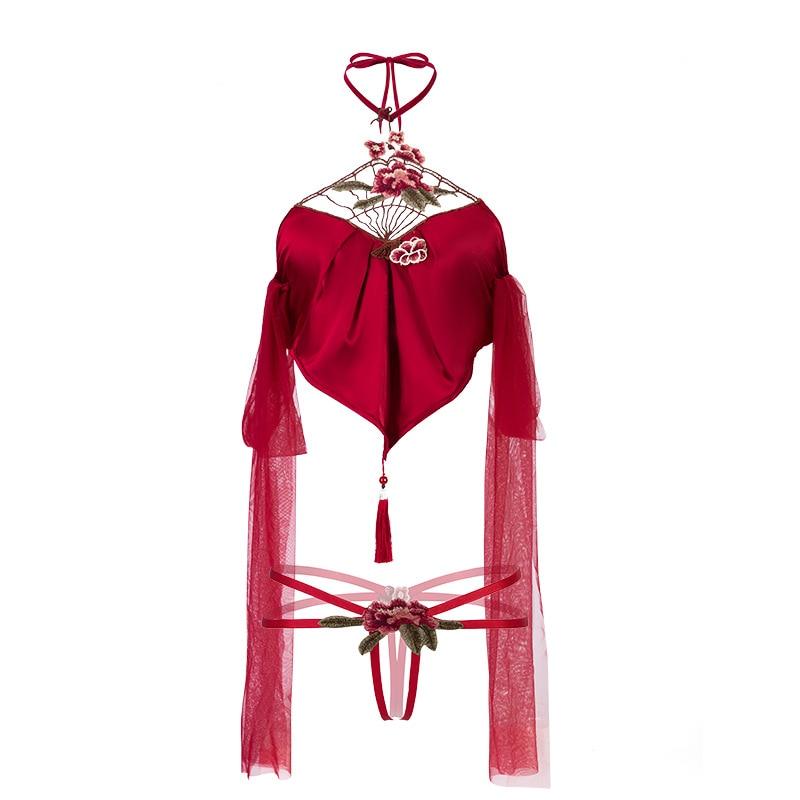 Estilo antigo chinês Cheongsam Lingerie Halter Bordado Renda Roupa Interior Sexy Bellyband Anime Hanfu Cosplay Split Stage Costume