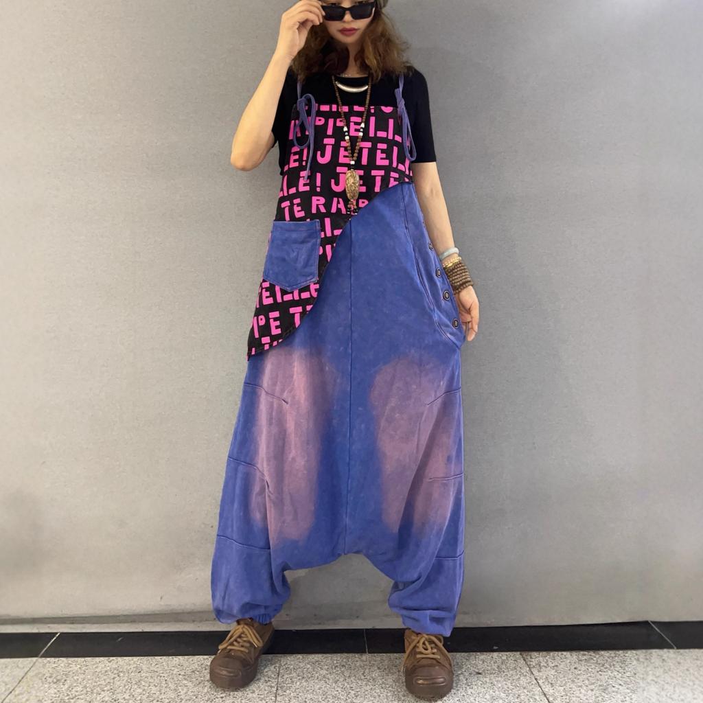 Retro personality old letter splicing overalls women's summer new large size fat sister jumpsuit tide